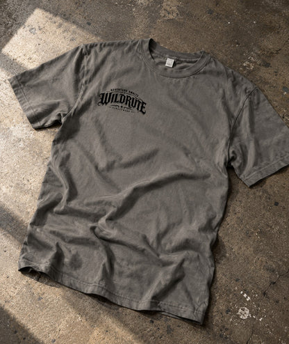 WILDRUTE Chopper Tee, grey, front, on concrete floor